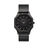 Die Tamaris Armbanduhr - Sparkling Octavia hat ein schwarzes, achteckiges Gehäuse, ein minimalistisches Zifferblatt mit dem Tamaris-Logo und ein elegantes Edelstahlarmband.