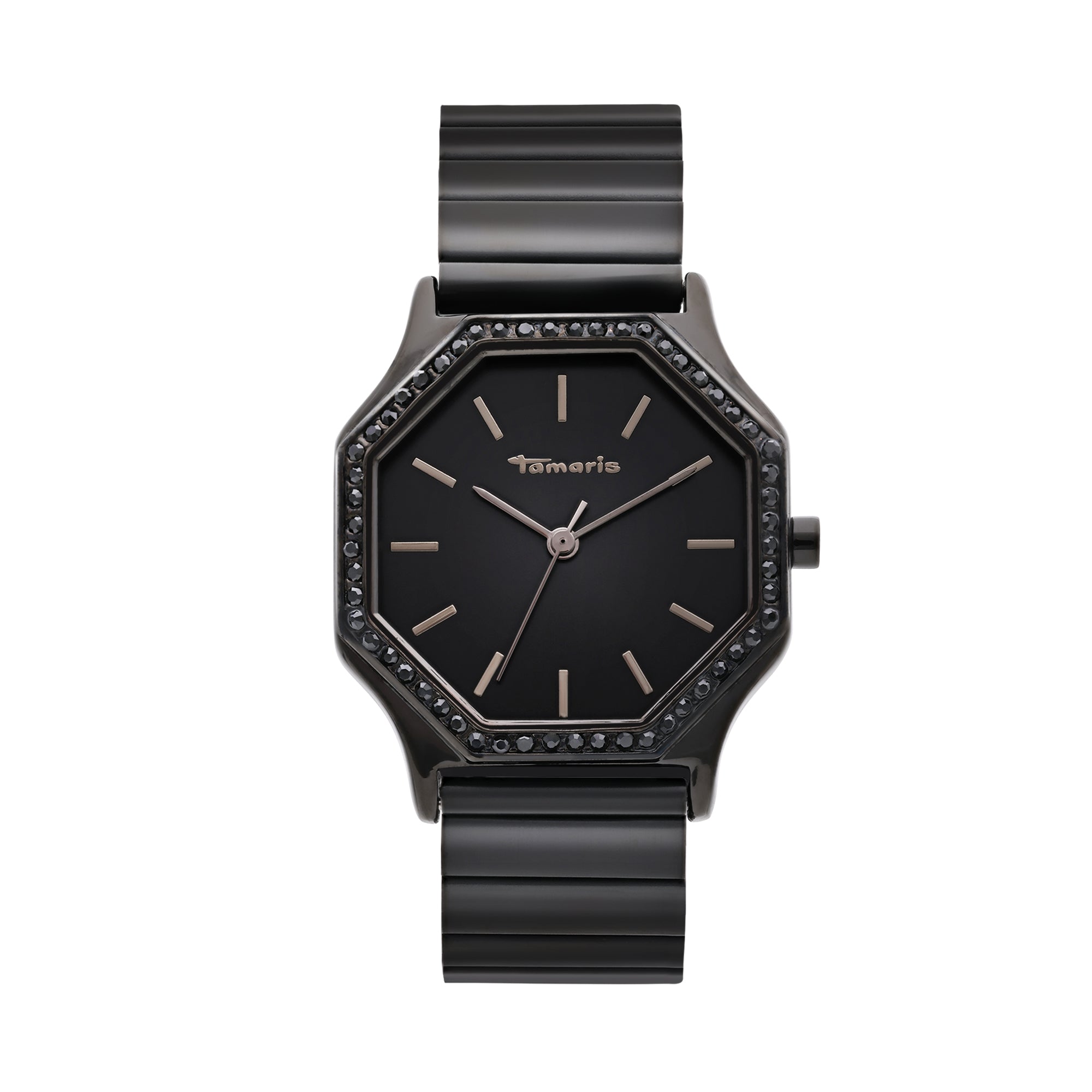Die Tamaris Armbanduhr - Sparkling Octavia hat ein schwarzes, achteckiges Gehäuse, ein minimalistisches Zifferblatt mit dem Tamaris-Logo und ein elegantes Edelstahlarmband.
