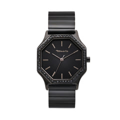 Die Tamaris Armbanduhr - Sparkling Octavia hat ein schwarzes, achteckiges Gehäuse, ein minimalistisches Zifferblatt mit dem Tamaris-Logo und ein elegantes Edelstahlarmband.