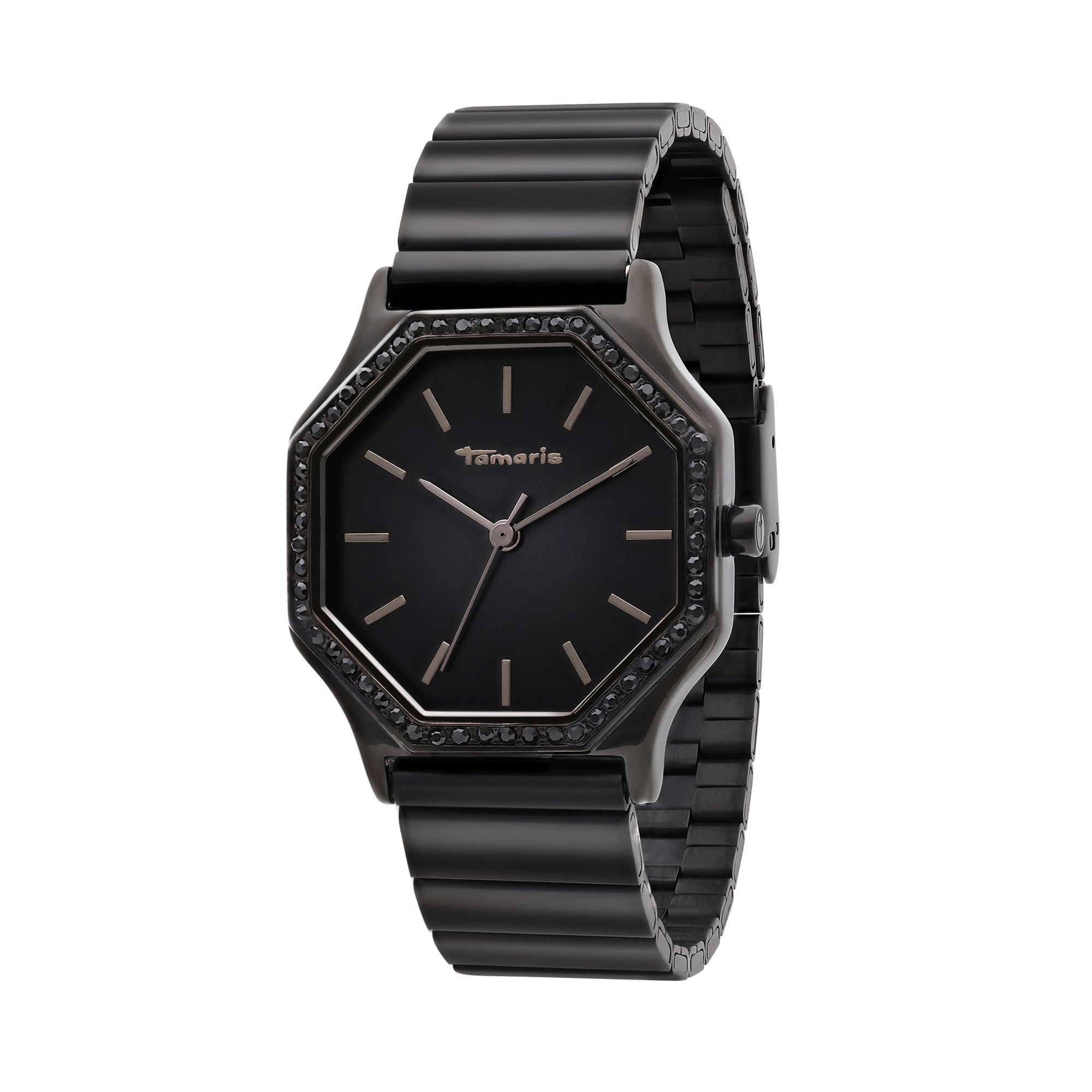 Die Tamaris Armbanduhr - Sparkling Octavia ist eine schlichte, schwarze, achteckige Uhr mit minimalistischem Zifferblatt und robustem Edelstahlarmband, die die moderne Eleganz der Marke Tamaris vereint.
