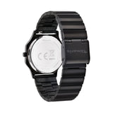 Die Tamaris Armbanduhr - Sparkling Octavia verfügt über ein schwarzes Metalldesign, Edelstahlarmband mit Schließe, Edelstahlboden und eingravierte Markierungen.