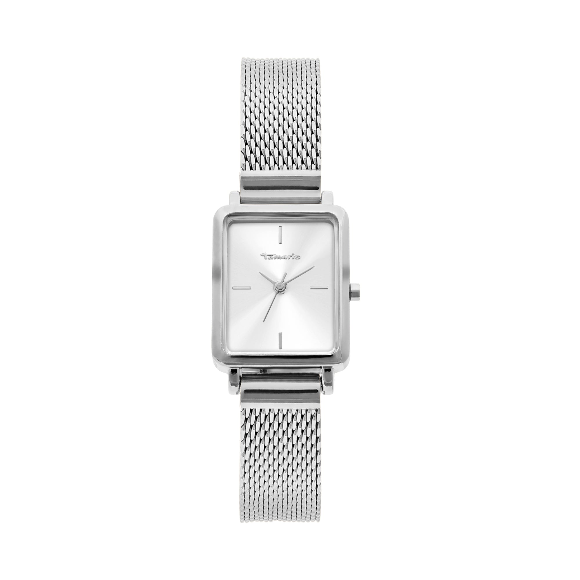Die Tamaris Armbanduhr - Tiny Watch von Tamaris zeichnet sich durch ein quadratisches Zifferblatt, ein Netzarmband und minimalistische Eleganz mit einem klaren Zifferblatt und schlichten silbernen Stunden- und Minutenzeigern aus.