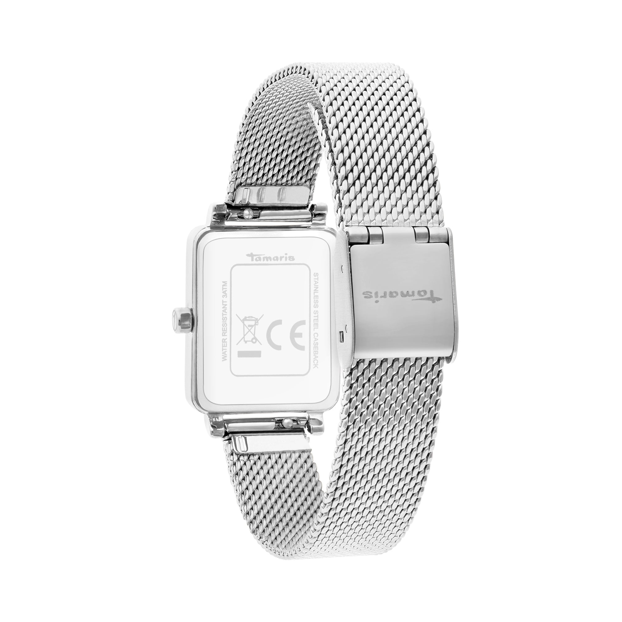 Die Tamaris Armbanduhr - Tiny Watch von Tamaris präsentiert sich in minimalistischer Eleganz mit einem rechteckigen Zifferblatt und Mesharmband, präsentiert von hinten mit gravierten Details und Logo.