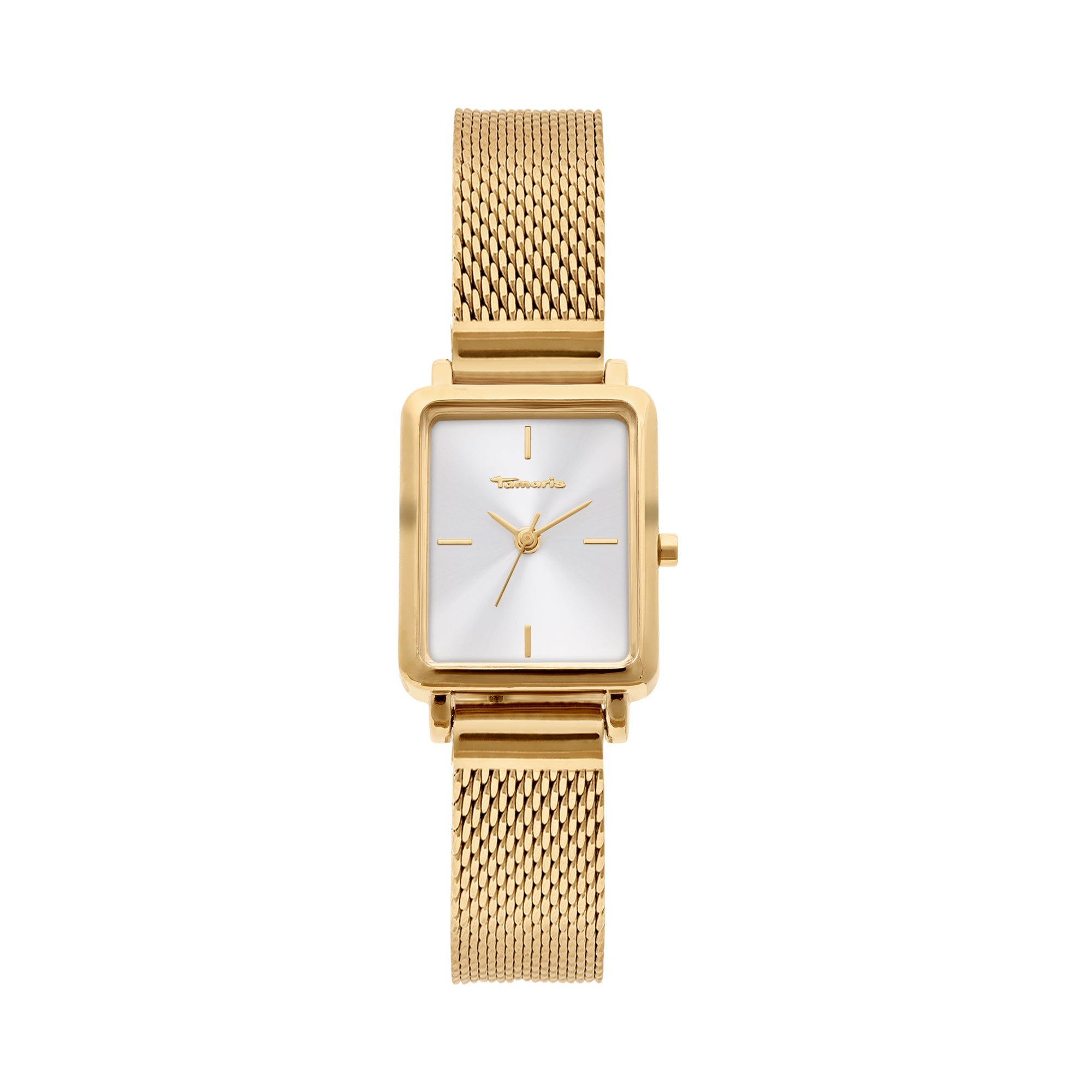 Die Tamaris Armbanduhr - Tiny Watch hat ein goldenes, quadratisches Zifferblatt, ein Edelstahl-Netzarmband und ein minimalistisches, weißes Zifferblatt, das moderne Eleganz ausstrahlt. Dieser Zeitmesser von Tamaris ist perfekt, um Ihrem Look einen minimalistischen Stil zu verleihen.