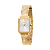 Die Tamaris Armbanduhr - Tiny Watch besticht durch ihr goldenes, quadratisches Gehäuse, ein weißes Zifferblatt und ein elegantes Edelstahl-Mesharmband - minimalistische Eleganz von Tamaris.