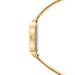 Seitenansicht der Tamaris Armbanduhr - Tiny Watch, die minimalistische Eleganz mit einem goldenen Edelstahl-Mesharmband und einem runden Gehäuse von Tamaris vor weißem Hintergrund präsentiert.