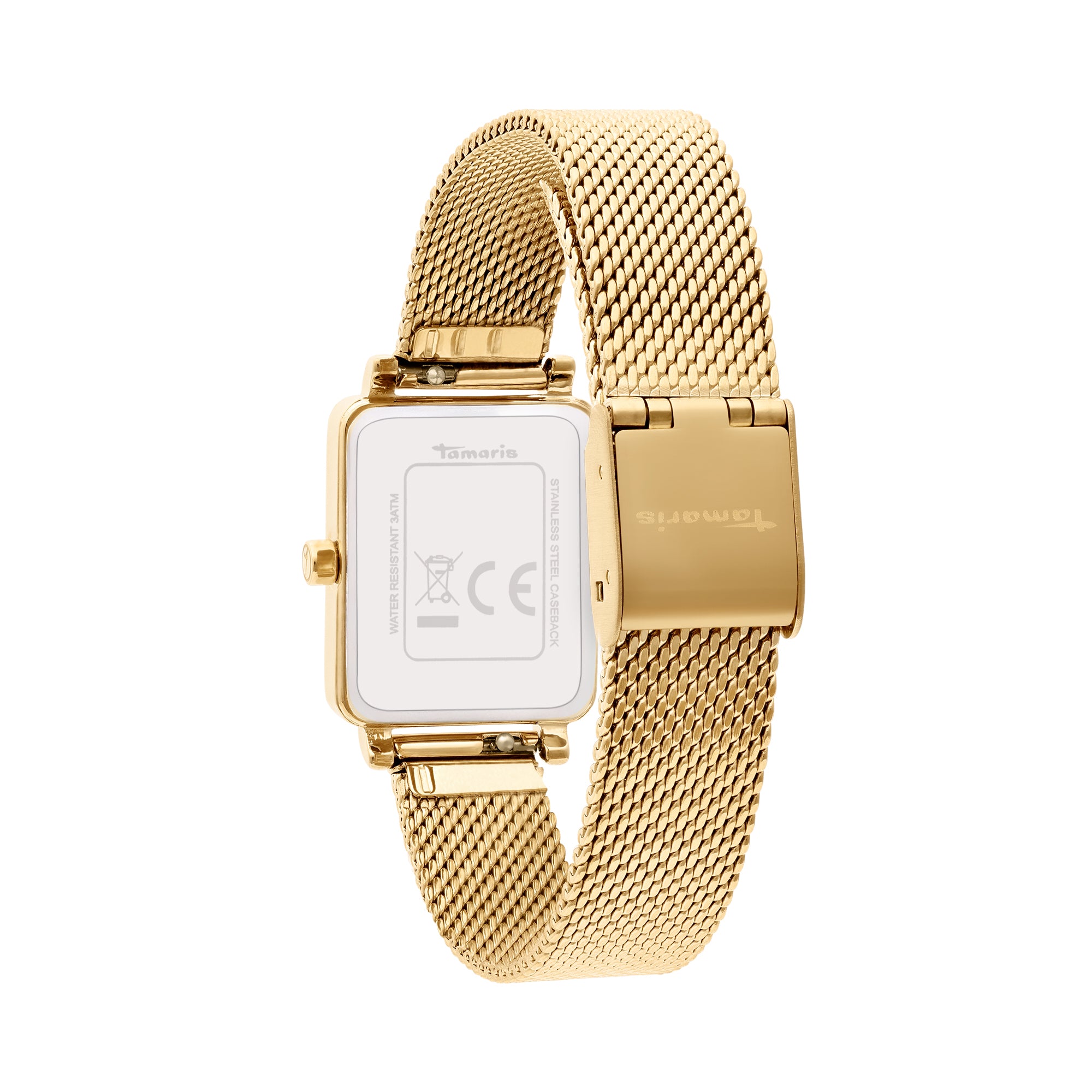 Armbanduhr mit goldenem Mesharmband von hinten gezeigt, wobei Schließe und Gehäuse hervorgehoben werden - Tamaris Armbanduhr - Tiny Watch von Tamaris vereint minimalistischen Stil und elegantes Design im hochwertigen Edelstahl Mesharmband.