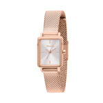 Die Tamaris Tiny Watch ist eine roségoldene, quadratische Damenuhr mit Netzarmband und minimalistischem, weißem Zifferblatt, die elegante Schlichtheit ausstrahlt.