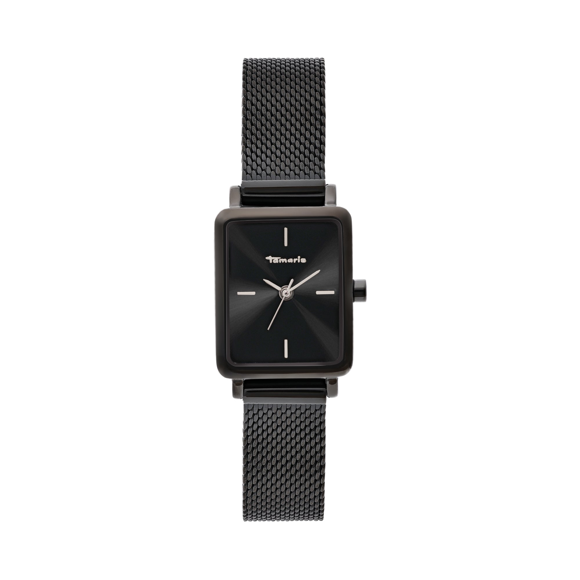 Die Tamaris Armbanduhr - Tiny Watch beeindruckt mit rechteckigem, schwarzem Design und Mesharmband - minimalistische Eleganz der Marke Tamaris auf weißem Hintergrund präsentiert.