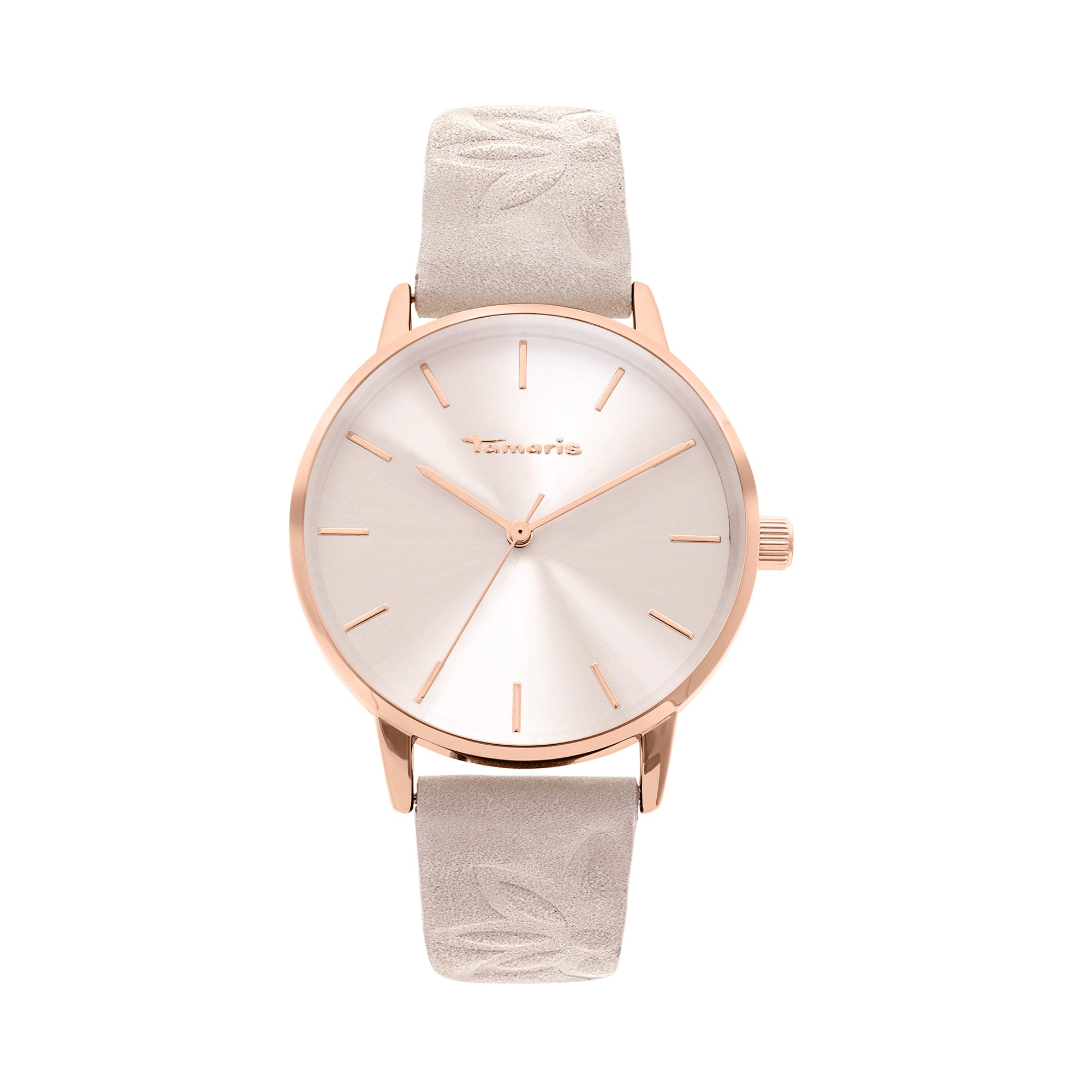 Das beige Lederarmband und das roségoldene Gehäuse machen die Tamaris Armbanduhr - Stamped Flowers zu einer eleganten Damenuhr mit minimalistischem Silberzifferblatt.