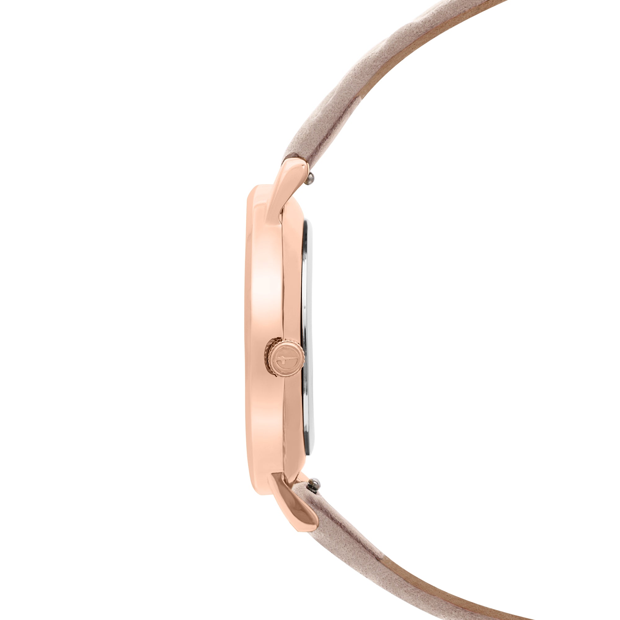 Seitenansicht der Tamaris Armbanduhr - Stamped Flowers: eine roségoldene Damenuhr mit beigem Lederarmband, dargestellt auf weißem Hintergrund.