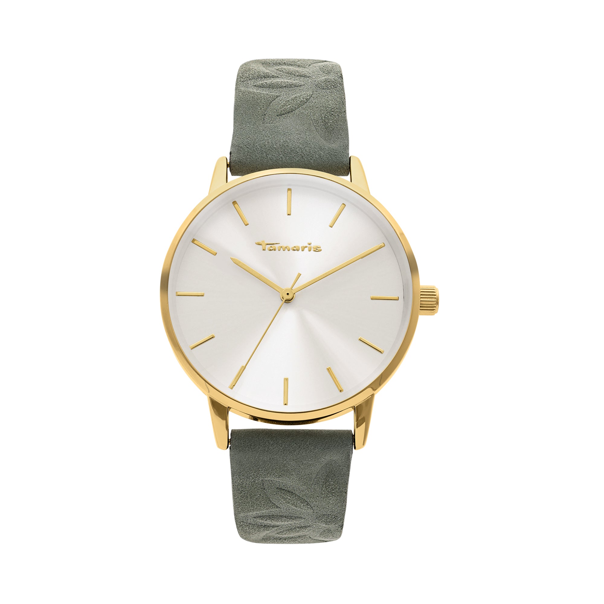 Die Tamaris Armbanduhr - Stamped Flowers von Tamaris verfügt über ein silbernes Zifferblatt, minimalistische Markierungen und ein schickes grünes Lederarmband mit dezentem Blattmuster - perfekt für stilvolle Outfits.
