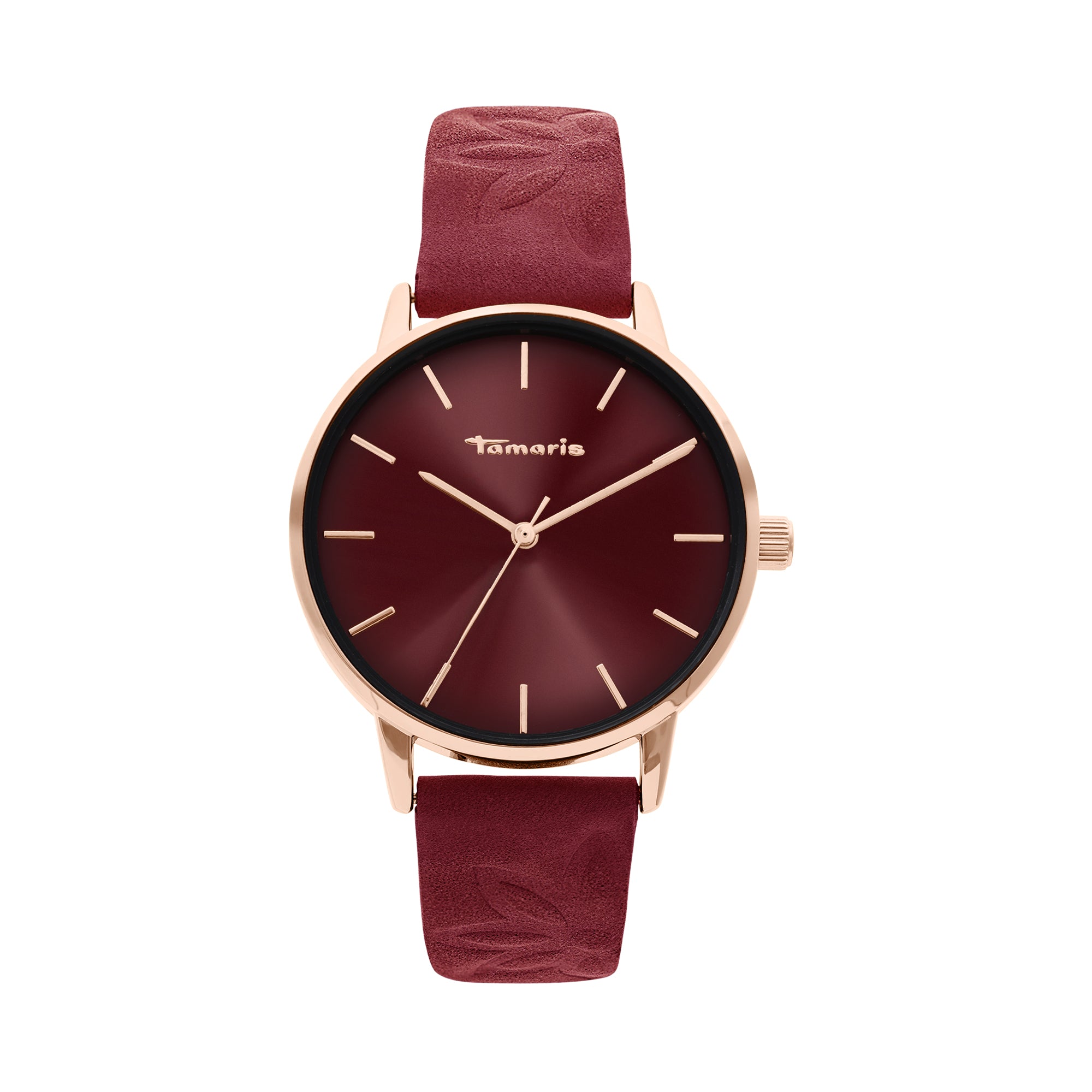 Die Tamaris Armbanduhr - Stamped Flowers verfügt über ein kastanienbraunes analoges Zifferblatt, ein goldenes Gehäuse und ein kastanienbraunes Lederband - perfekt, um jedem Outfit einen eleganten Touch zu verleihen.