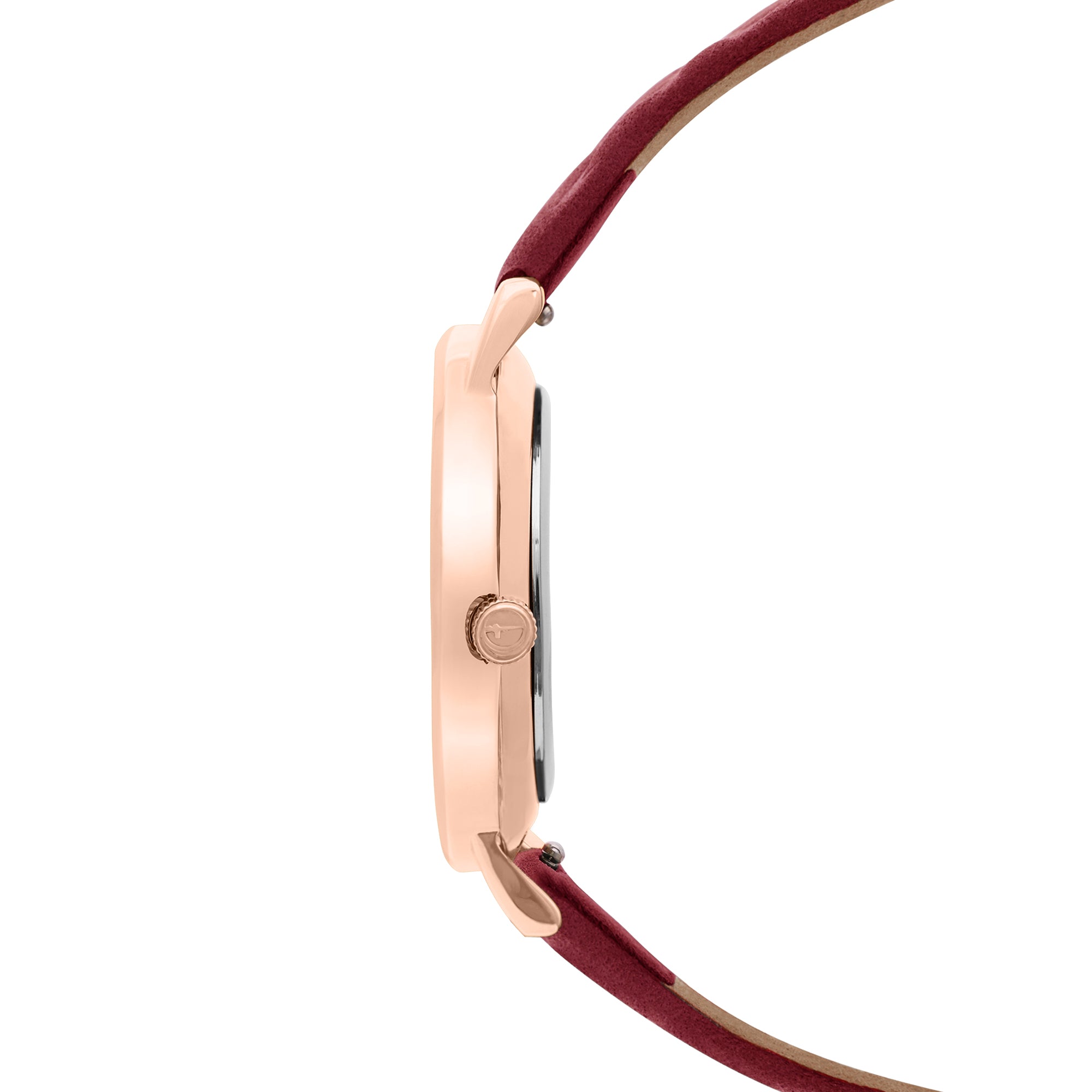 Seitenansicht der Tamaris Armbanduhr - Stamped Flowers by Tamaris in Roségold mit bordeauxfarbenem Lederband und weißem Hintergrund.