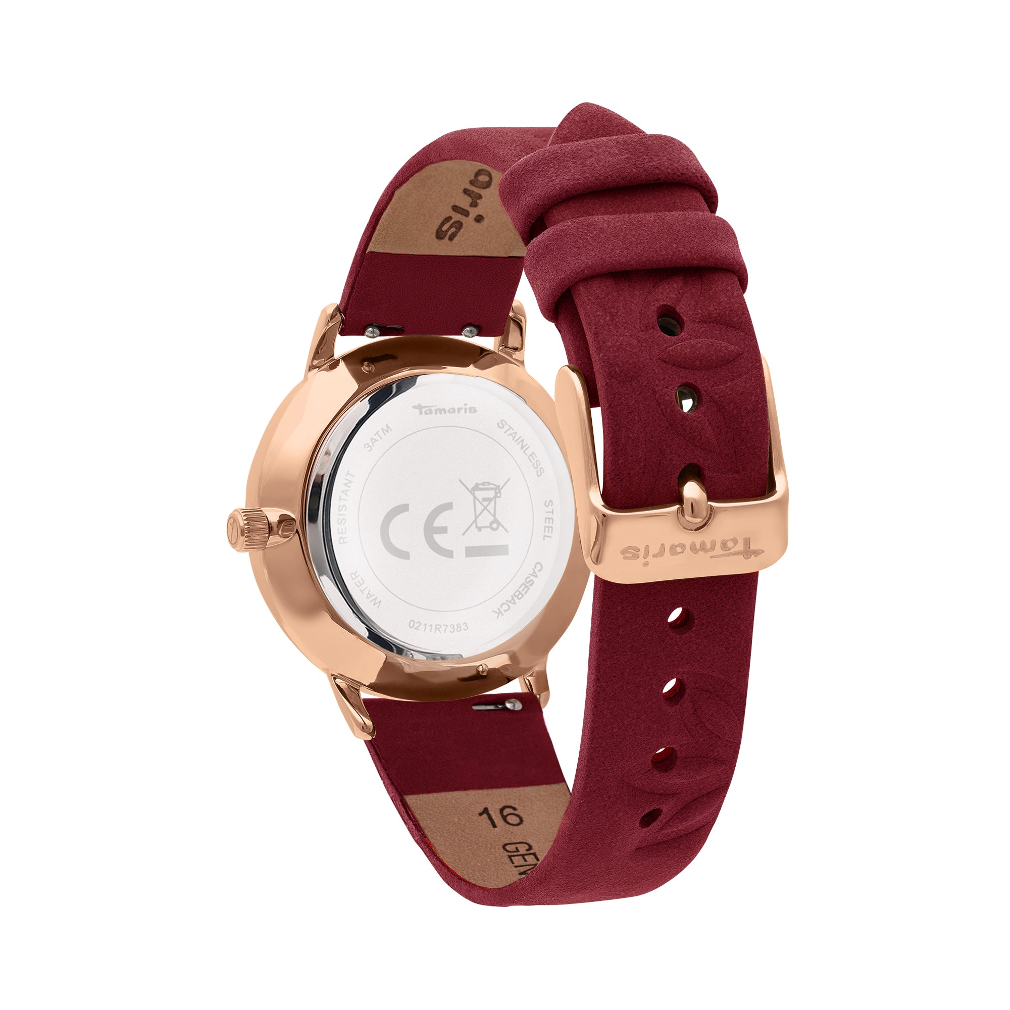 Rückansicht der Tamaris Armbanduhr - Stamped Flowers von Tamaris mit roségoldenem Gehäuse und bordeauxfarbenem Lederarmband, das die Schließe und die eingravierten Details hervorhebt.