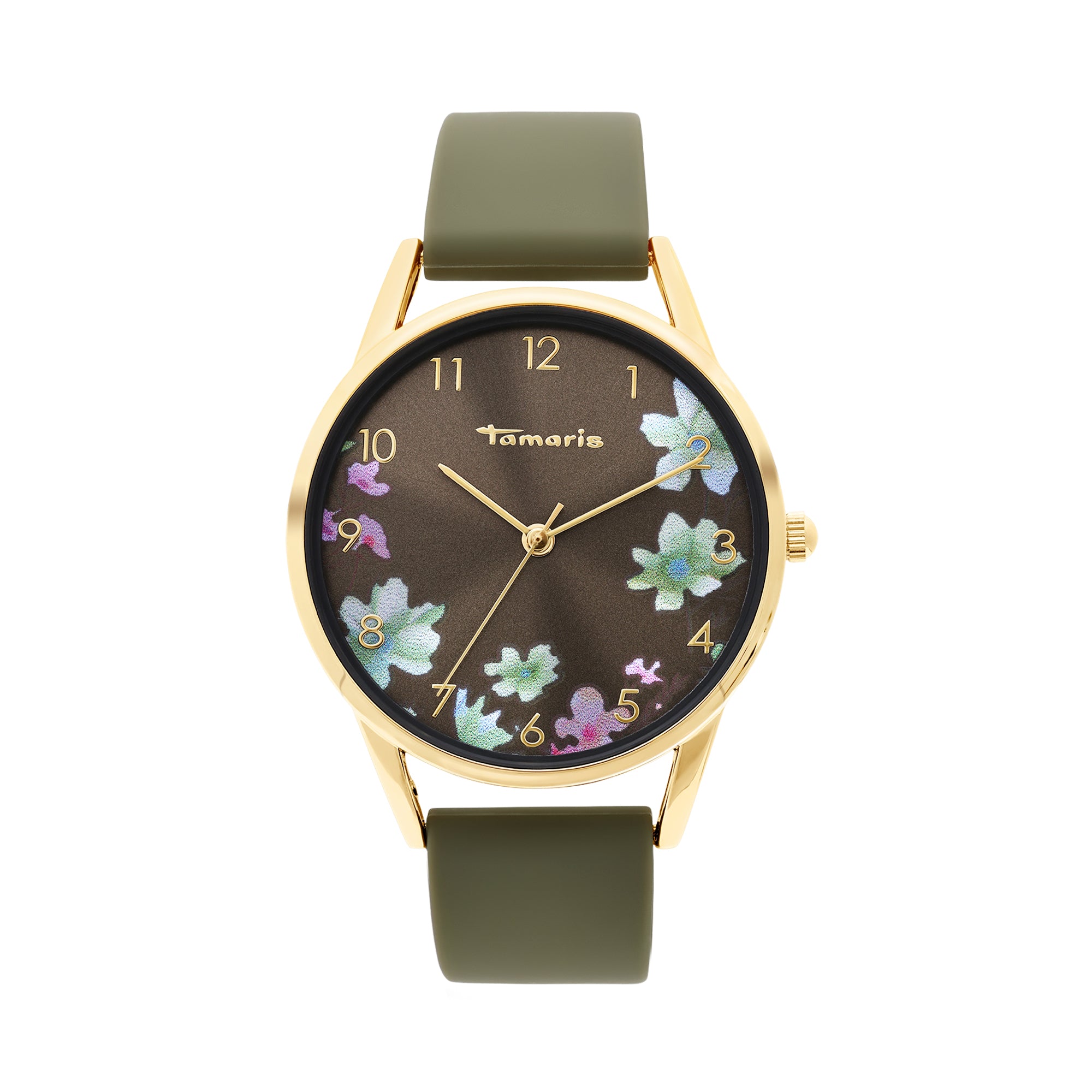 Die Tamaris Armbanduhr - Sporty Flowers hat ein goldenes Gehäuse, ein olivgrünes Silikonarmband, florale Akzente auf einem dunklen Zifferblatt und goldene Stundenmarkierungen und Zeiger. Von Tamaris.
