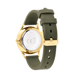 Die Tamaris Armbanduhr - Sporty Flowers, eine goldene Damenuhr von Tamaris mit grünem Silikonarmband, wird von hinten gezeigt, um ihr Gehäuse und ihre Schließe zu präsentieren.
