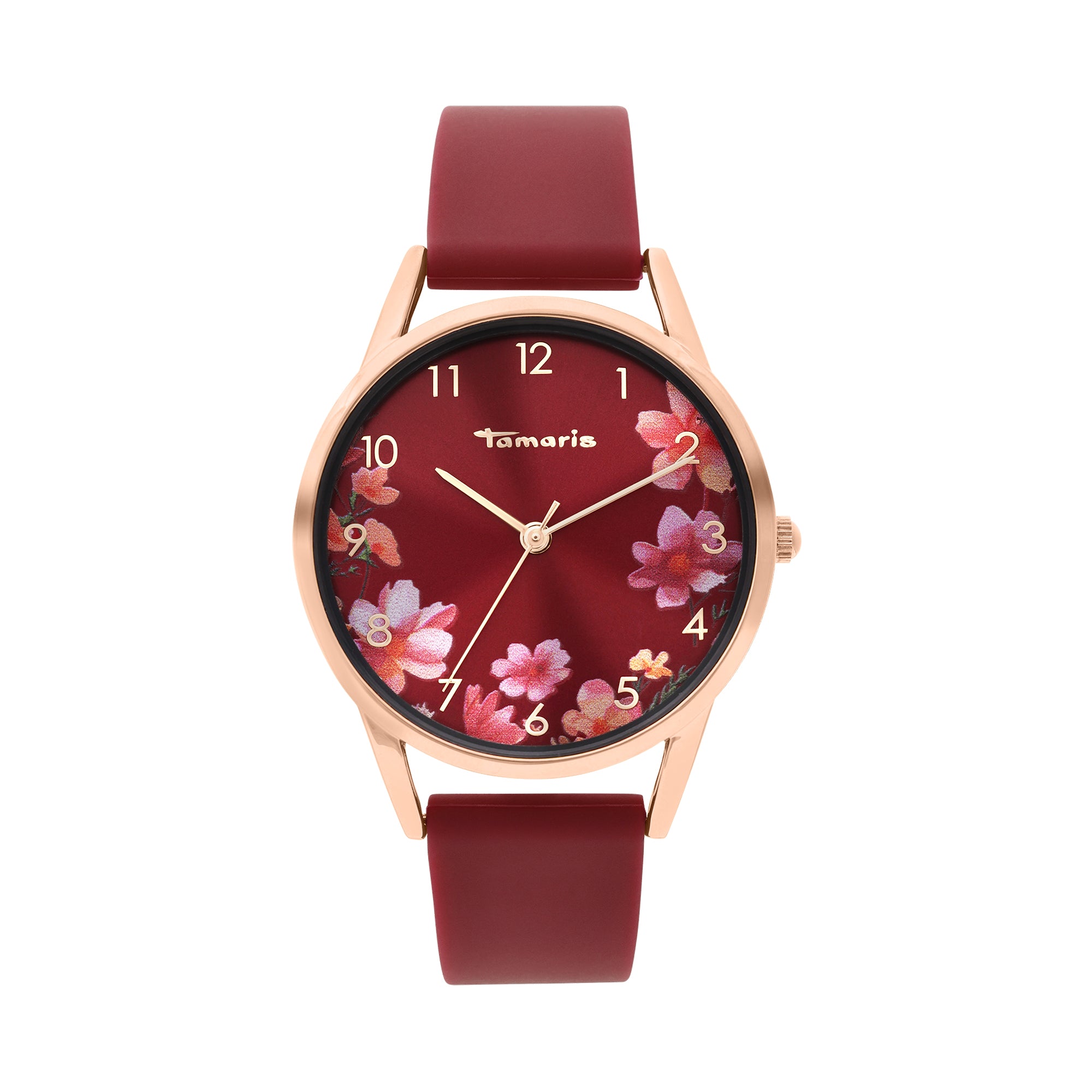 Die Tamaris Armbanduhr - Sporty Flowers verfügt über ein floral gemustertes Zifferblatt, ein goldenes Gehäuse, ein "Tamaris"-Logo und ein bequemes Silikonarmband.