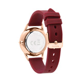 Rückansicht der Tamaris Armbanduhr - Sporty Flowers by Tamaris mit roségoldenem Gehäuse, kastanienbraunem Silikonarmband und dezenten floralen Akzenten auf weißem Hintergrund.