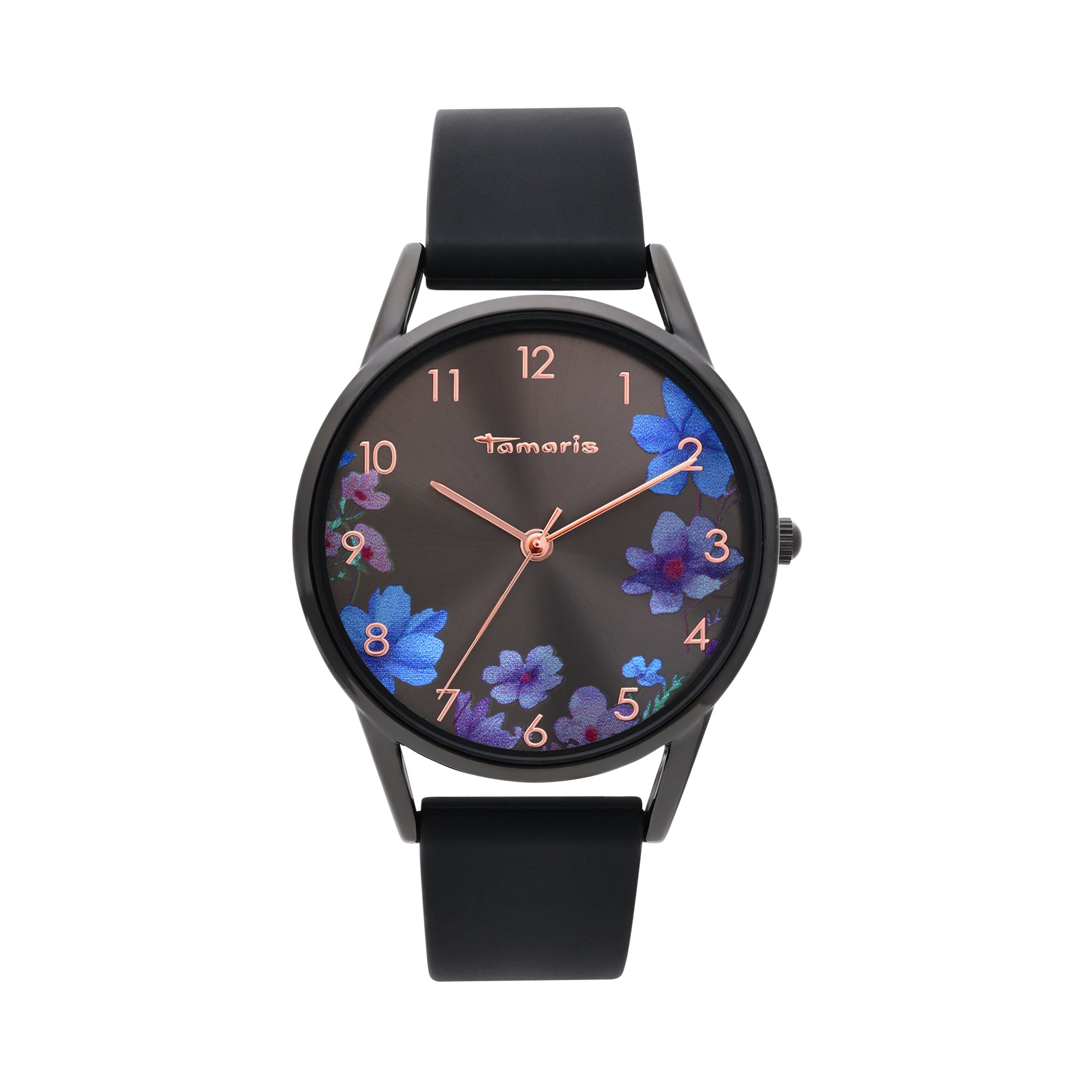 Die Tamaris Armbanduhr - Sporty Flowers von Tamaris verfügt über ein schwarzes, sportliches Silikonarmband, ein florales Zifferblattdesign und roségoldene Zeiger und Ziffern.