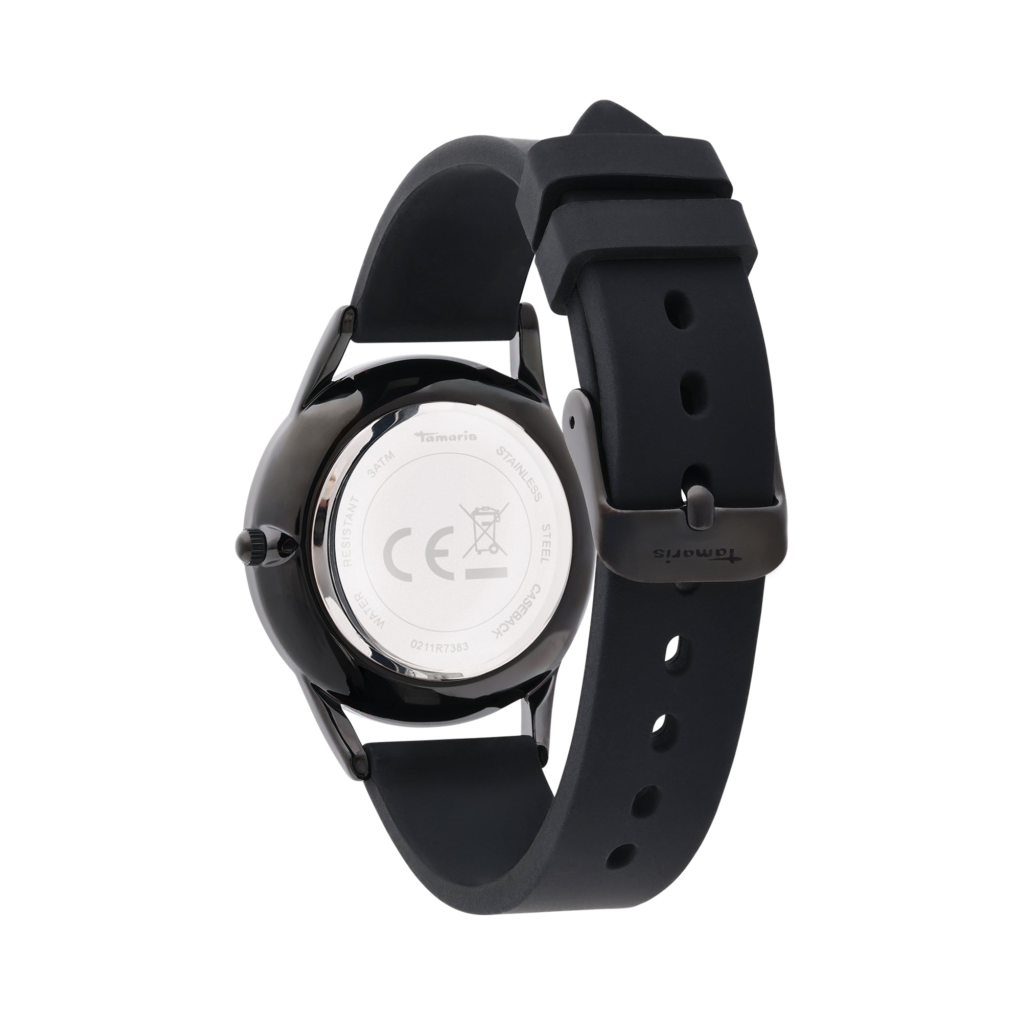 Rückansicht der Tamaris Armbanduhr - Sporty Flowers mit dem sportlichen Silikonarmband und den eingravierten Markierungen auf dem Metallgehäuseboden.