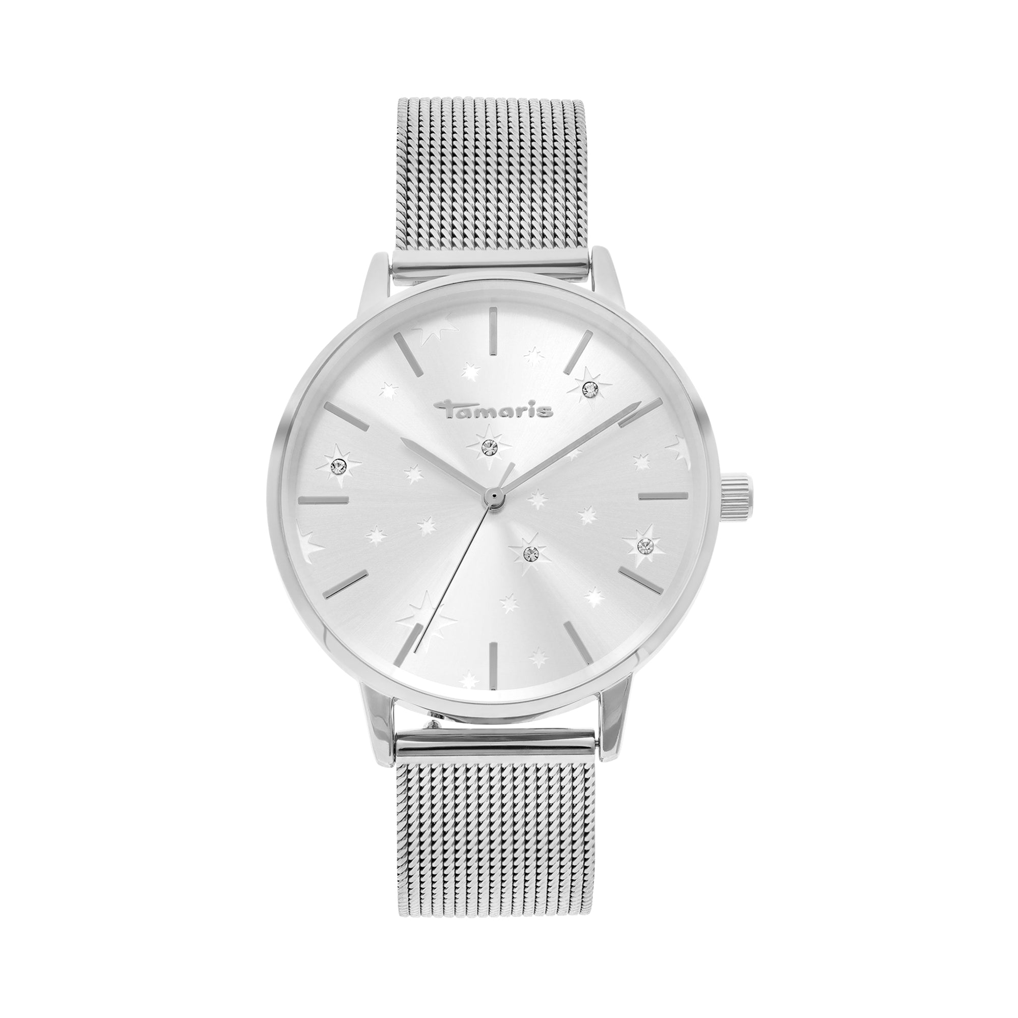 Die Tamaris Armbanduhr - Shiny Stars zeichnet sich durch ein silbernes Mesh-Band, ein minimalistisches Zifferblatt und funkelnde Sternenakzente auf dem Zifferblatt aus, die die typische Eleganz der Marke Tamaris unterstreichen.