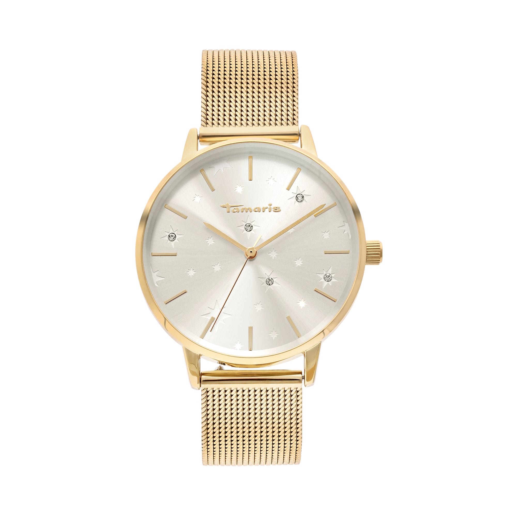 Die Tamaris Armbanduhr - Shiny Stars von Tamaris verfügt über ein goldenes Netzband, ein silbernes Zifferblatt mit Sternenmuster, Zirkonia-Akzente und minimalistische Stundenmarkierungen - eine elegante Wahl für jeden Anlass.