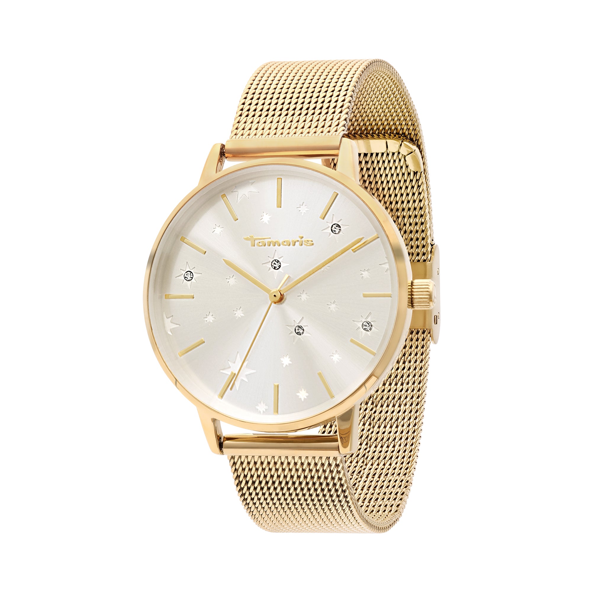 Die Tamaris Armbanduhr - Shiny Stars begeistert mit goldenem Mesharmband, rundem silbernen Zifferblatt und funkelnden Zirkoniasteinen für einen minimalistischen, eleganten Look - von der Marke Tamaris.