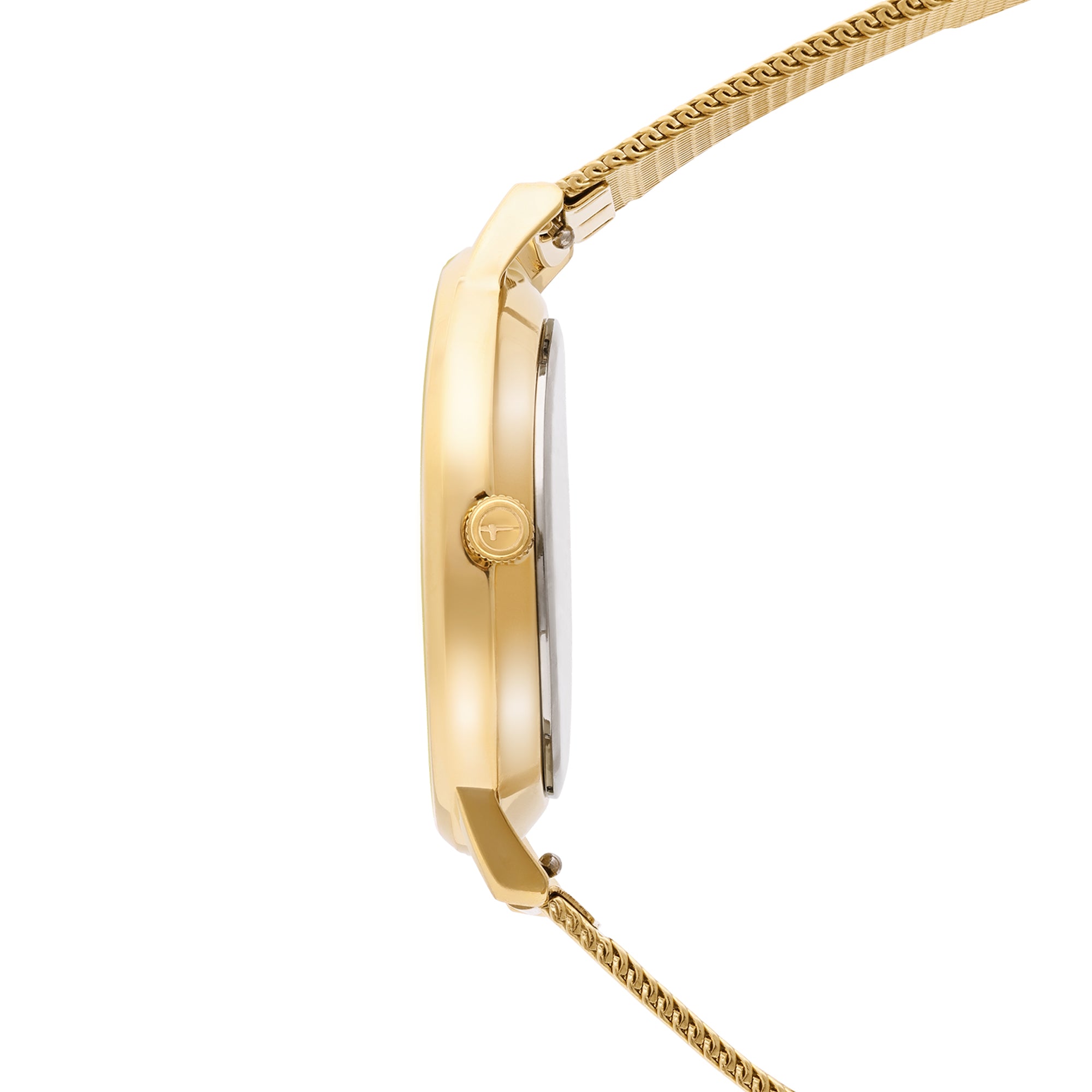 Seitenansicht der Tamaris Armbanduhr - Shiny Stars, die ein goldenes Netzarmband und ein schlankes Gehäuse auf weißem Hintergrund zeigt.