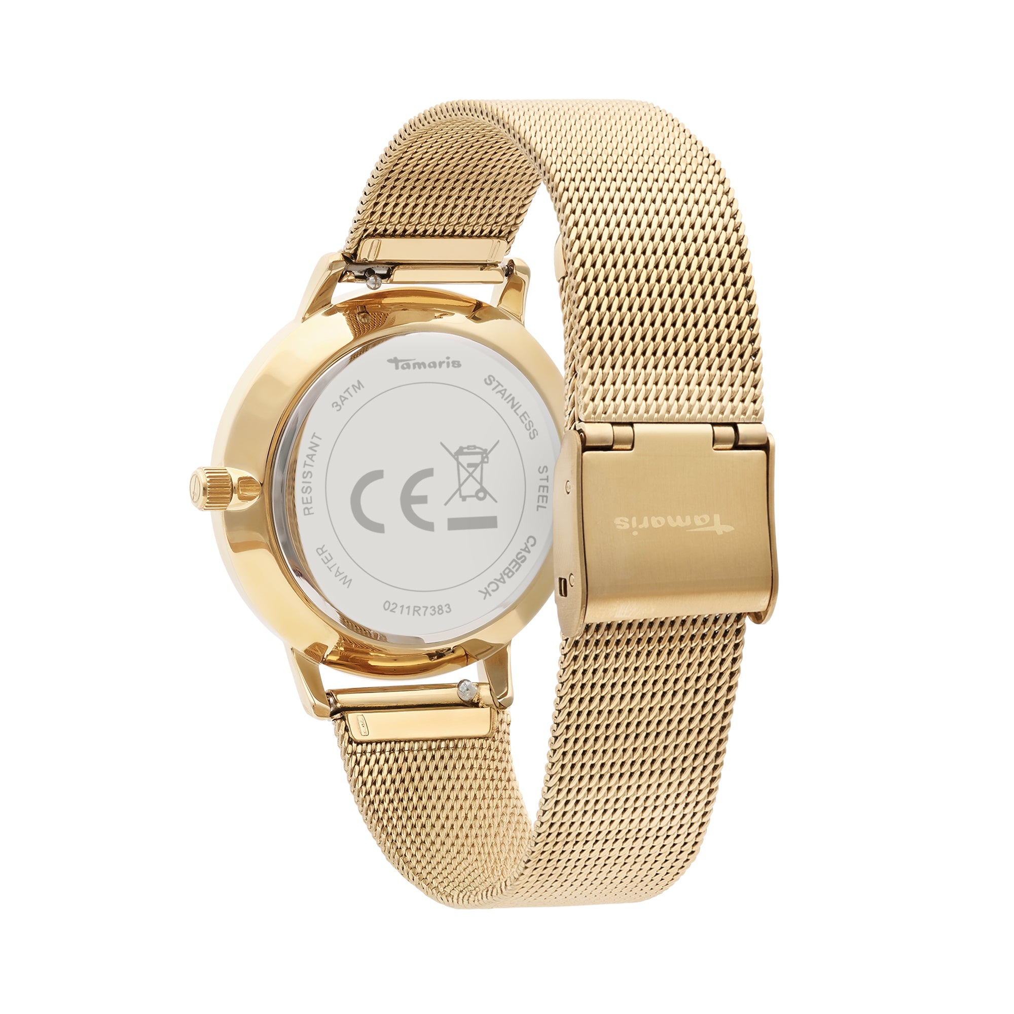 Die Tamaris Armbanduhr - Shiny Stars für Damen mit Mesharmband wird von hinten gezeigt, inklusive sichtbarem Tamaris Branding und Verschluss.