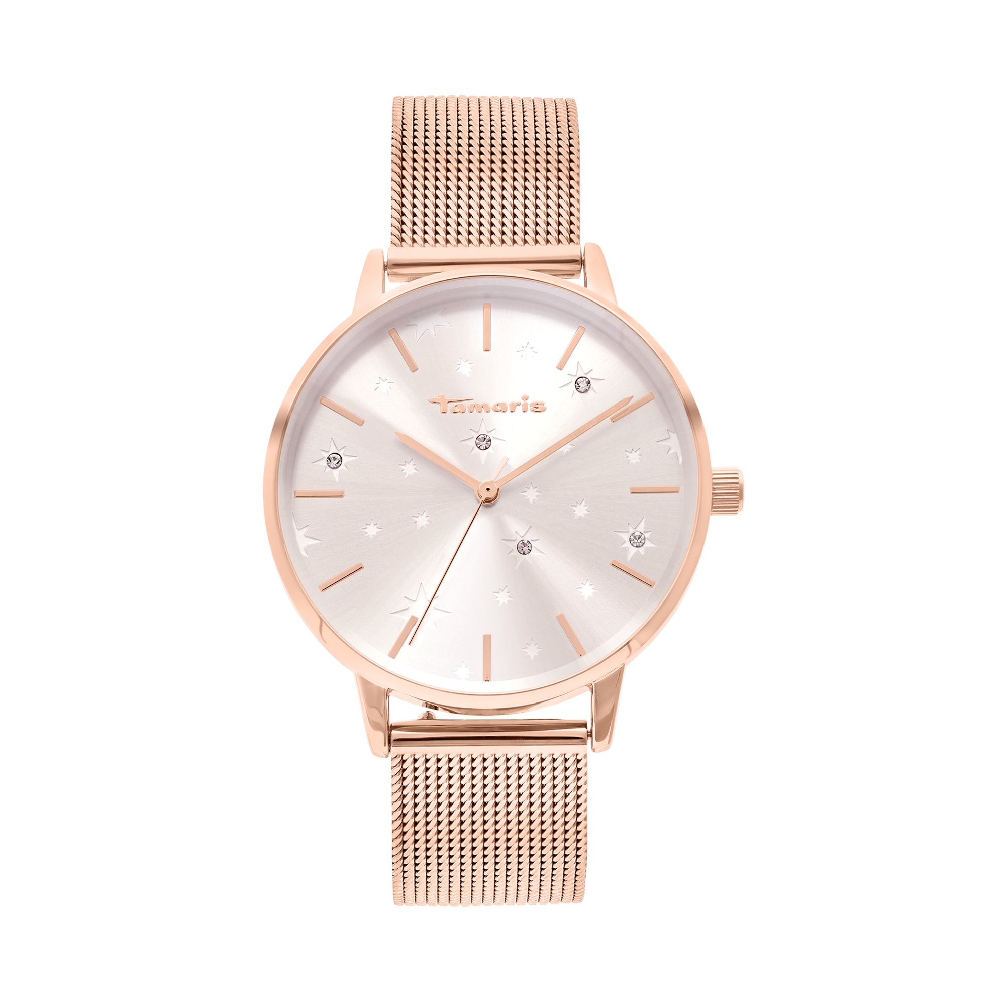 Die Tamaris Armbanduhr - Shiny Stars besticht durch ihr roségoldenes Finish, das Edelstahl-Meshband, die Stern-Akzente und die Kristalldetails auf dem silbernen Zifferblatt mit minimalen Stundenmarkierungen für einen raffinierten Look.