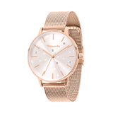 Die Tamaris Armbanduhr - Shiny Stars hat ein roségoldenes Gehäuse, ein Edelstahl-Meshband, ein silbernes Zifferblatt mit minimalistischen Markierungen und kleine dekorative Zirkonia-Kristalle.