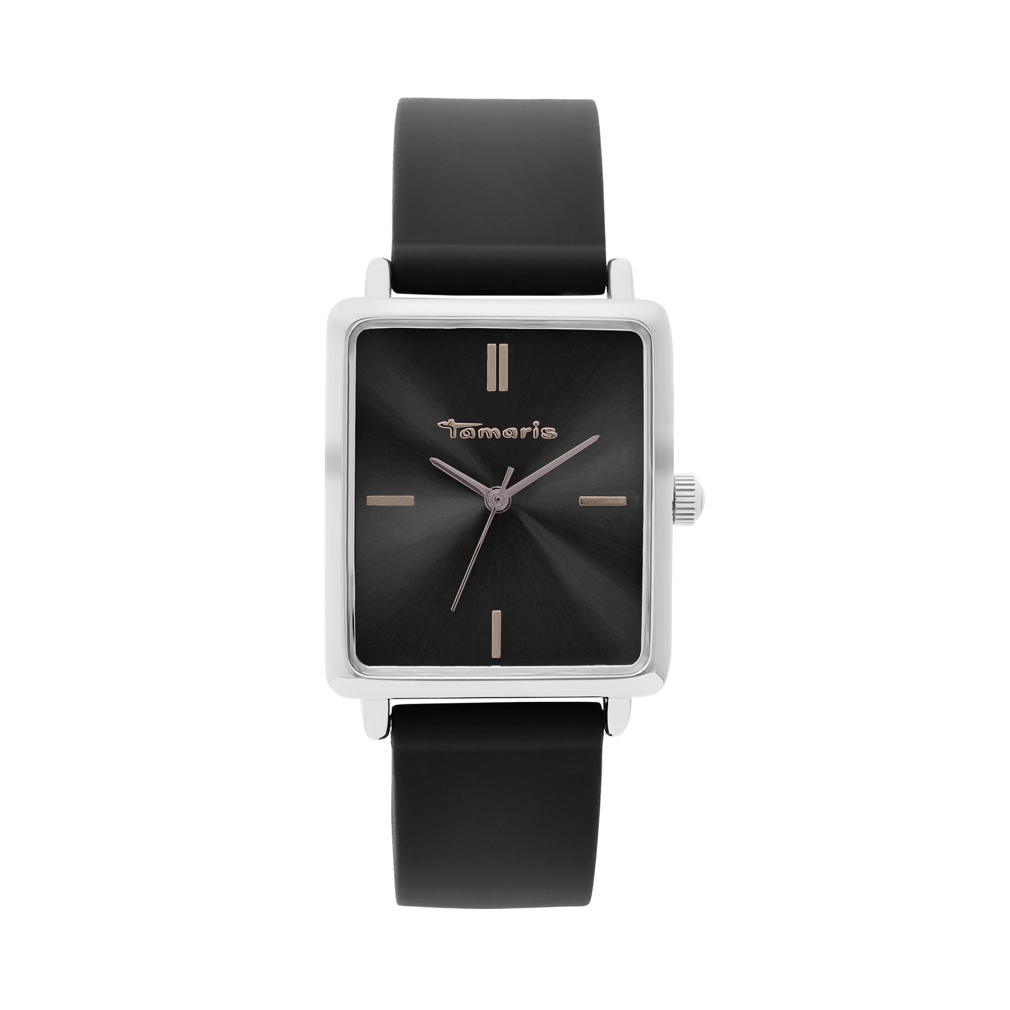Die Tamaris Armbanduhr - The Silicon Square hat ein quadratisches schwarzes Design, ein schwarzes Silikonarmband und minimalistische silberne und goldene Markierungen - perfekt für eine sportliche Damenuhr.