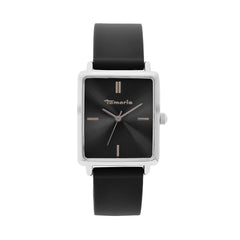 Die Tamaris Armbanduhr - The Silicon Square hat ein quadratisches schwarzes Design, ein schwarzes Silikonarmband und minimalistische silberne und goldene Markierungen - perfekt für eine sportliche Damenuhr.