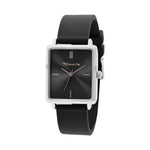 Die Tamaris Armbanduhr - The Silicon Square hat ein schwarzes, quadratisches Zifferblatt, ein silbernes Gehäuse und ein schwarzes Lederarmband - eine elegante Tamaris-Uhr mit drei schlichten Markierungen, perfekt für jeden Anlass.