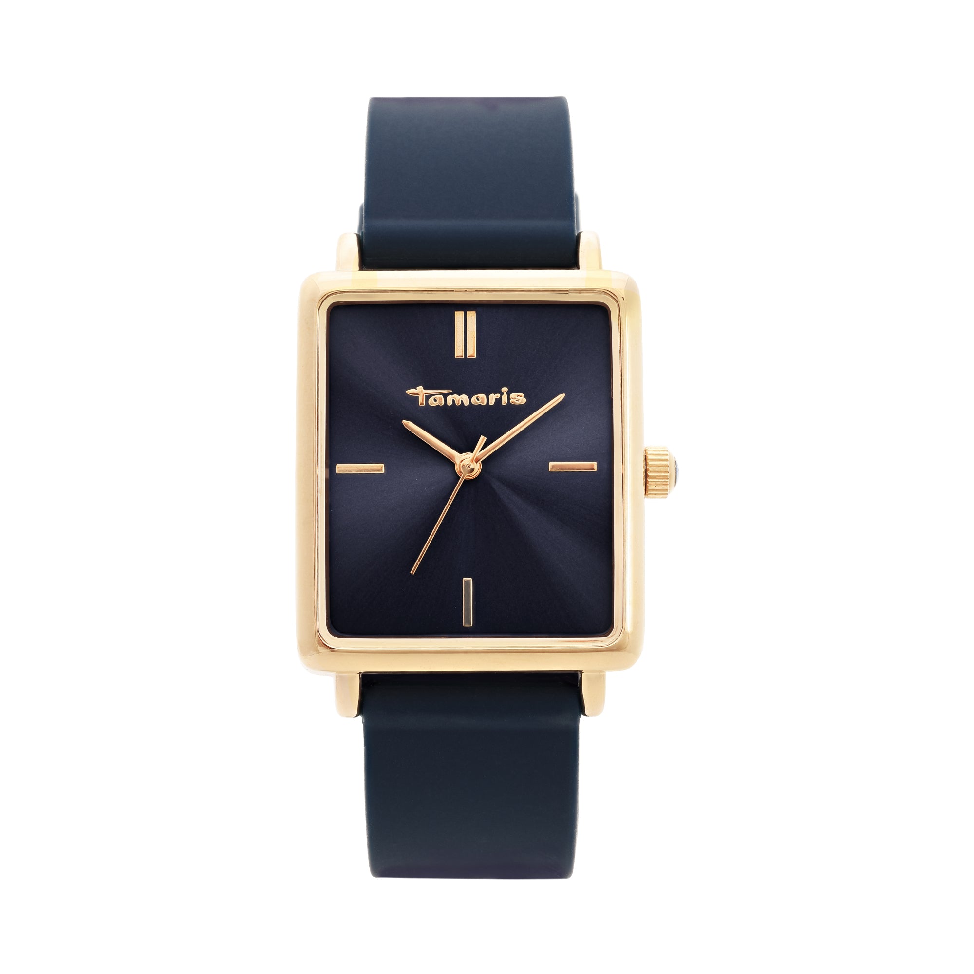 Die Tamaris Armbanduhr - The Silicon Square ist eine rechteckige goldene Uhr mit marineblauem Zifferblatt und passendem sportlichen Silikonarmband, die Stil und Vielseitigkeit vereint.