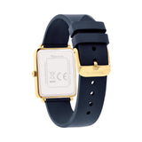 Die Tamaris Armbanduhr - The Silicon Square von Tamaris verfügt über ein goldenes und marineblaues quadratisches Zifferblatt, ein schwarzes Armband und sichtbare Gehäusedetails auf der Rückseite für einen sportlichen Akzent in Ihrem Stil.