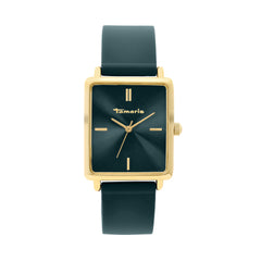 Die Tamaris Armbanduhr - The Silicon Square hat ein goldenes, quadratisches Gehäuse, ein dunkelgrünes Zifferblatt und ein dazu passendes grünes Silikonarmband - diese sportliche Damenuhr von Tamaris zeigt 1:51:08 und passt perfekt zu einem modernen Look.