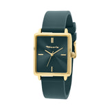Die Tamaris Armbanduhr - The Silicon Square hat einen goldenen Rahmen, ein quadratisches, blaugrünes Zifferblatt und ein passendes Silikonarmband auf weißem Hintergrund.
