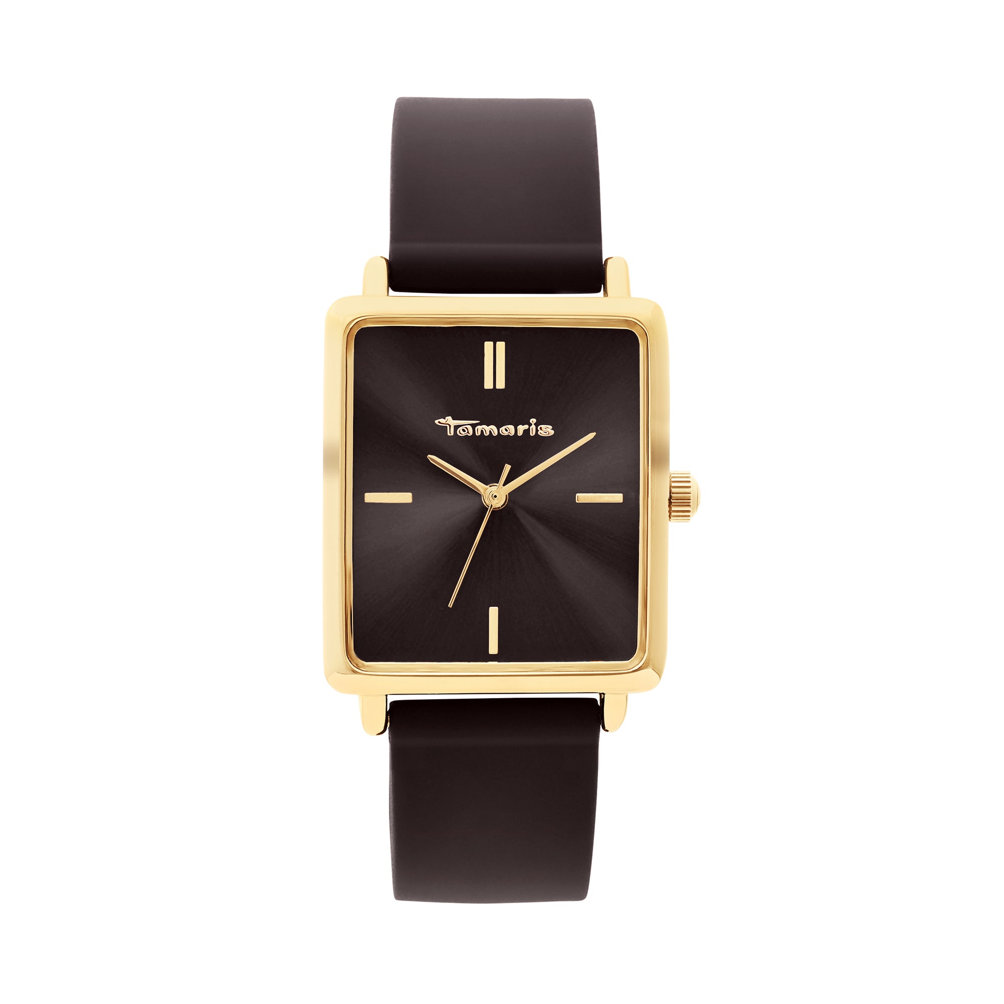 Die Tamaris Armbanduhr - The Silicon Square verfügt über ein rechteckiges, goldenes Gehäuse, ein schwarzes Zifferblatt mit minimalen Markierungen und ein elegantes Silikonband und bietet einen modernen, sportlichen Look der Marke Tamaris auf weißem Hintergrund.