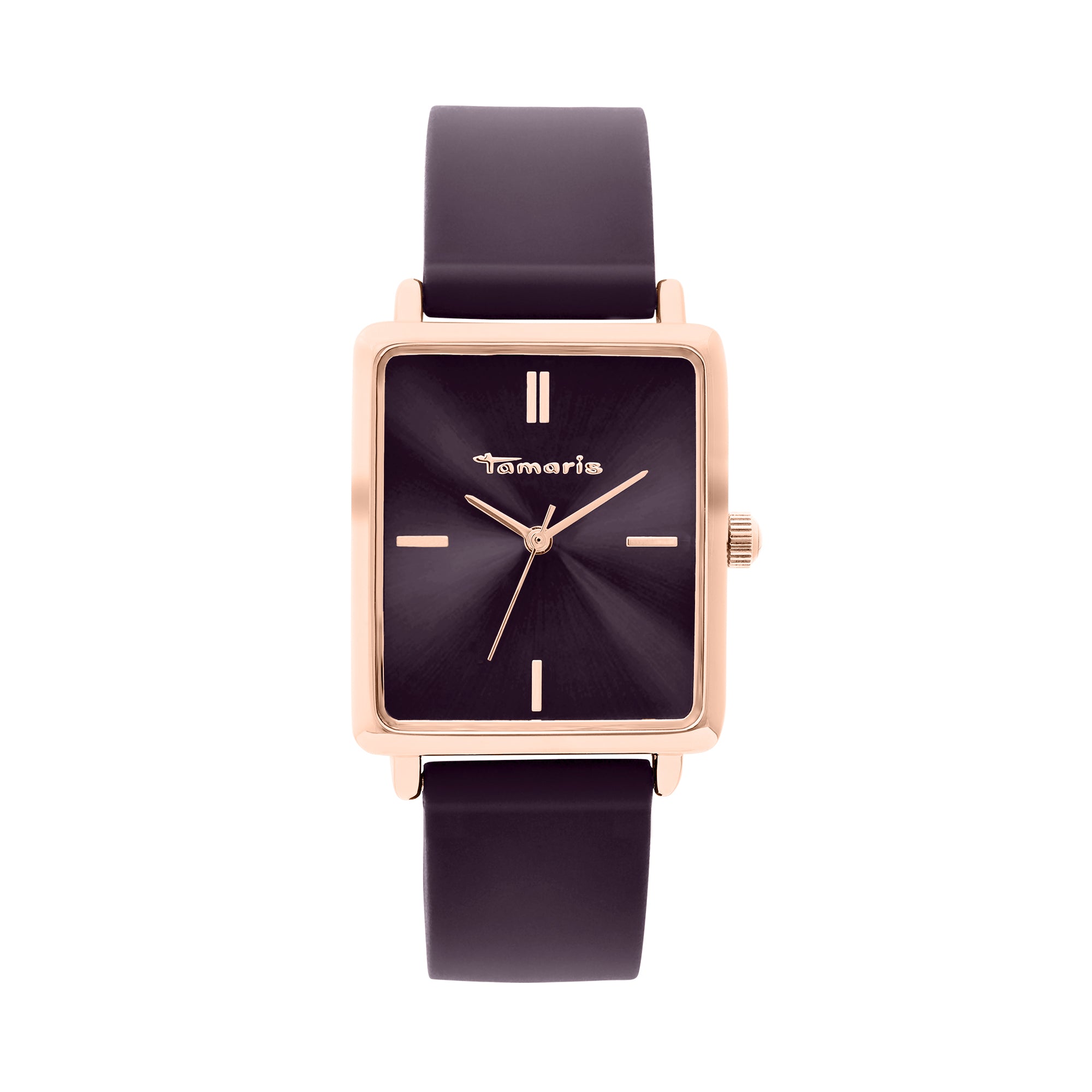 Die Tamaris Armbanduhr - The Silicon Square hat ein quadratisches Zifferblatt, ein schwarzes Silikonarmband, ein goldenes Gehäuse und ein minimalistisches Design auf weißem Hintergrund von Tamaris.