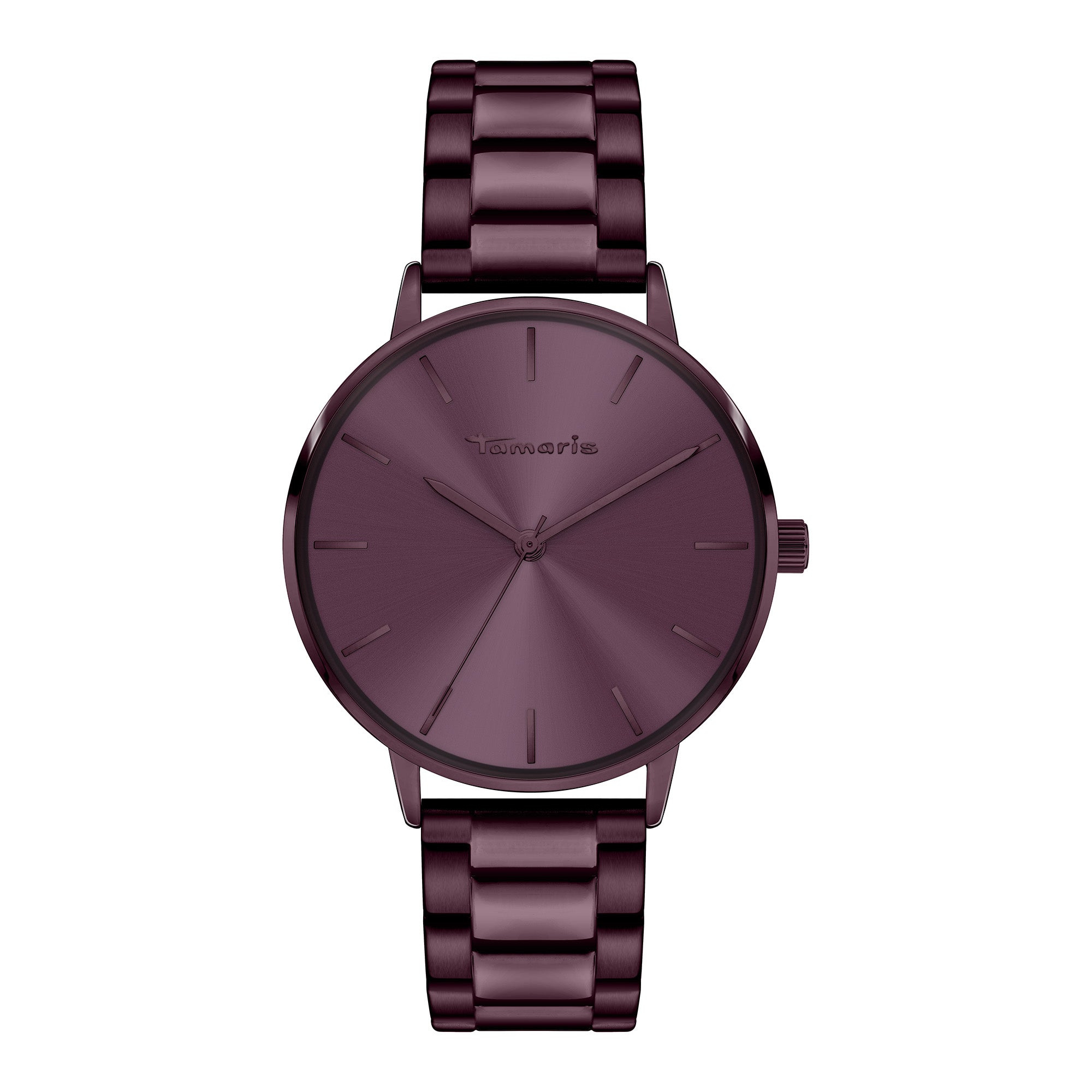 Eine minimalistische burgunderfarbene Tamaris Armbanduhr - Everyday Hero mit Edelstahlarmband und schlichten Stundenmarkierungen, von vorne betrachtet, die ihren klassischen Stil zeigt.