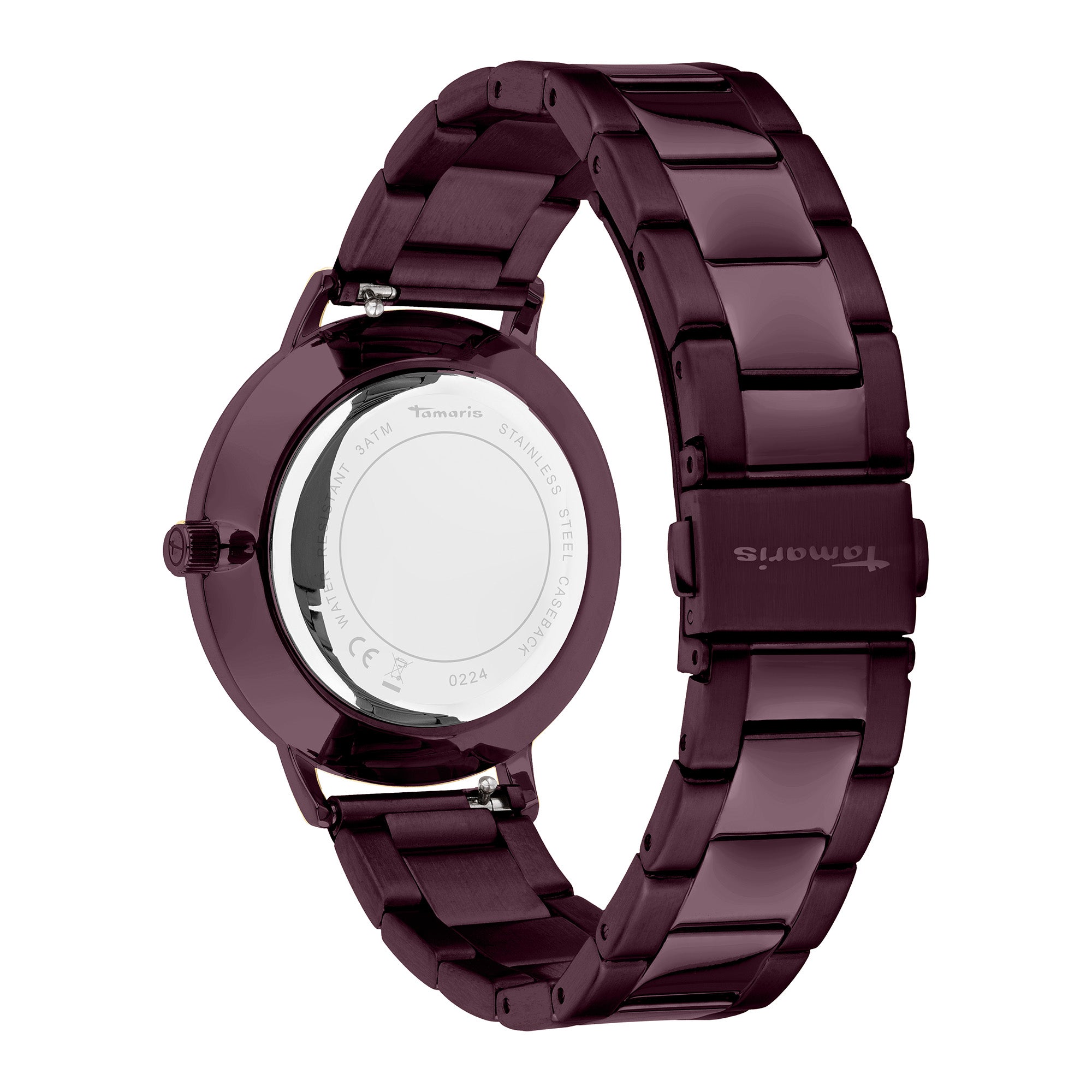 Rückansicht der Tamaris Armbanduhr - Everyday Hero by Tamaris, mit kastanienbraunem Edelstahlband, zeigt die Schließe und den Gehäuseboden im klassischen Stil.