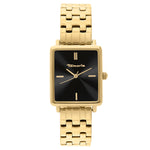 Tamaris The Square Damenuhr in Gold mit rechteckigem schwarzem Zifferblatt, goldenen Zeigern und goldenem Gliederarmband in Frontansicht
