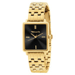 Tamaris The Square Damenuhr in Gold mit rechteckigem Gehäuse, schwarzem Zifferblatt und goldenem Gliederarmband in schräger Ansicht