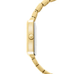 Seitenansicht der Tamaris The Square Damenuhr in Gold mit rechteckigem Gehäuse, Krone und goldenem Gliederarmband