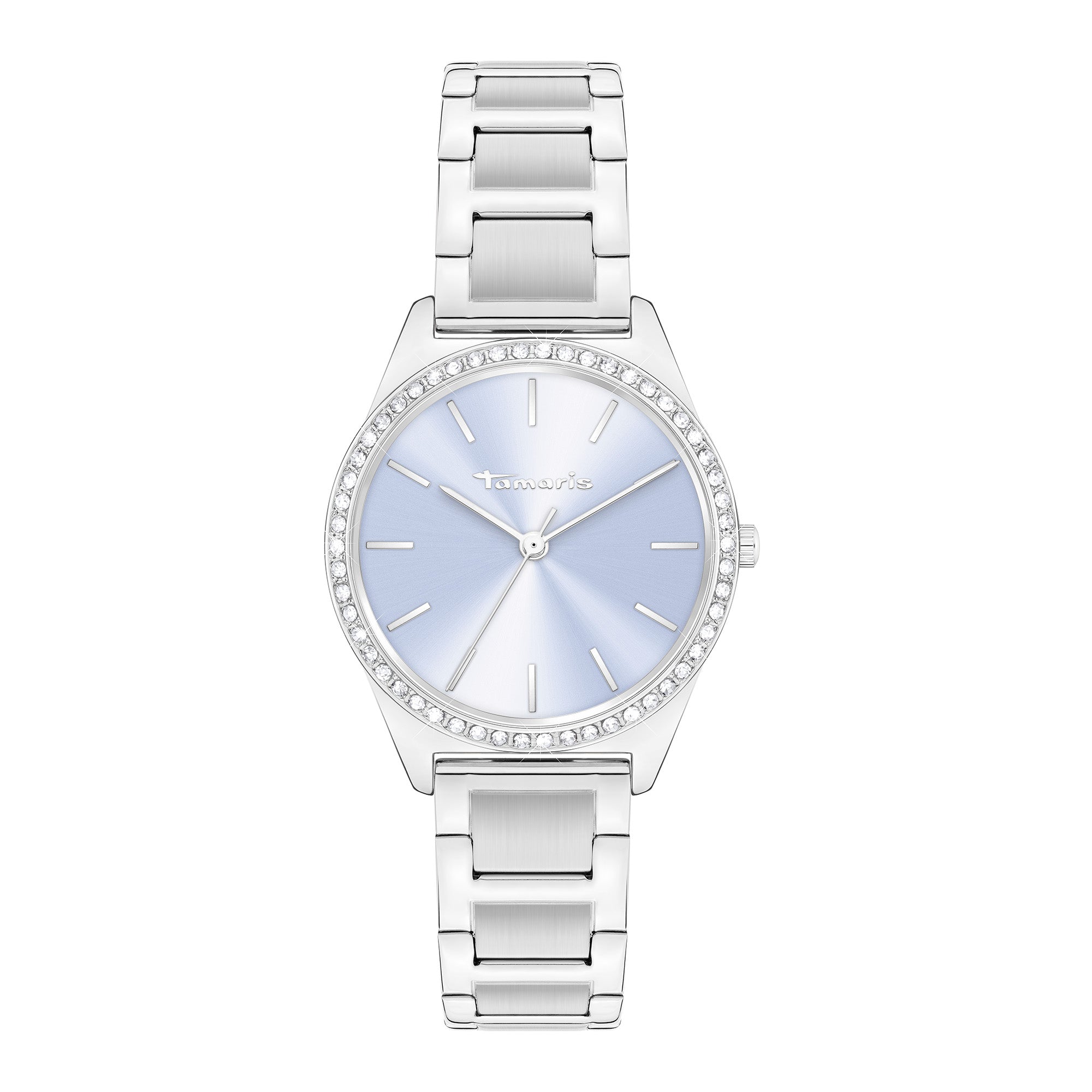 Die Tamaris Armbanduhr - Modern Classic hat ein silbernes Gehäuse, ein hellblaues Zifferblatt, silberne Indexe, ein silbernes Zifferblatt, ein Edelstahlarmband und funkelnde Kristalle - eine stilvolle Uhr für Damen von Tamaris.