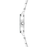 Seitenansicht der Tamaris Armbanduhr - Modern Classic, mit schlankem Design, silbernem Zifferblatt, dünnem Edelstahlarmband und runder Krone am Gehäuse.