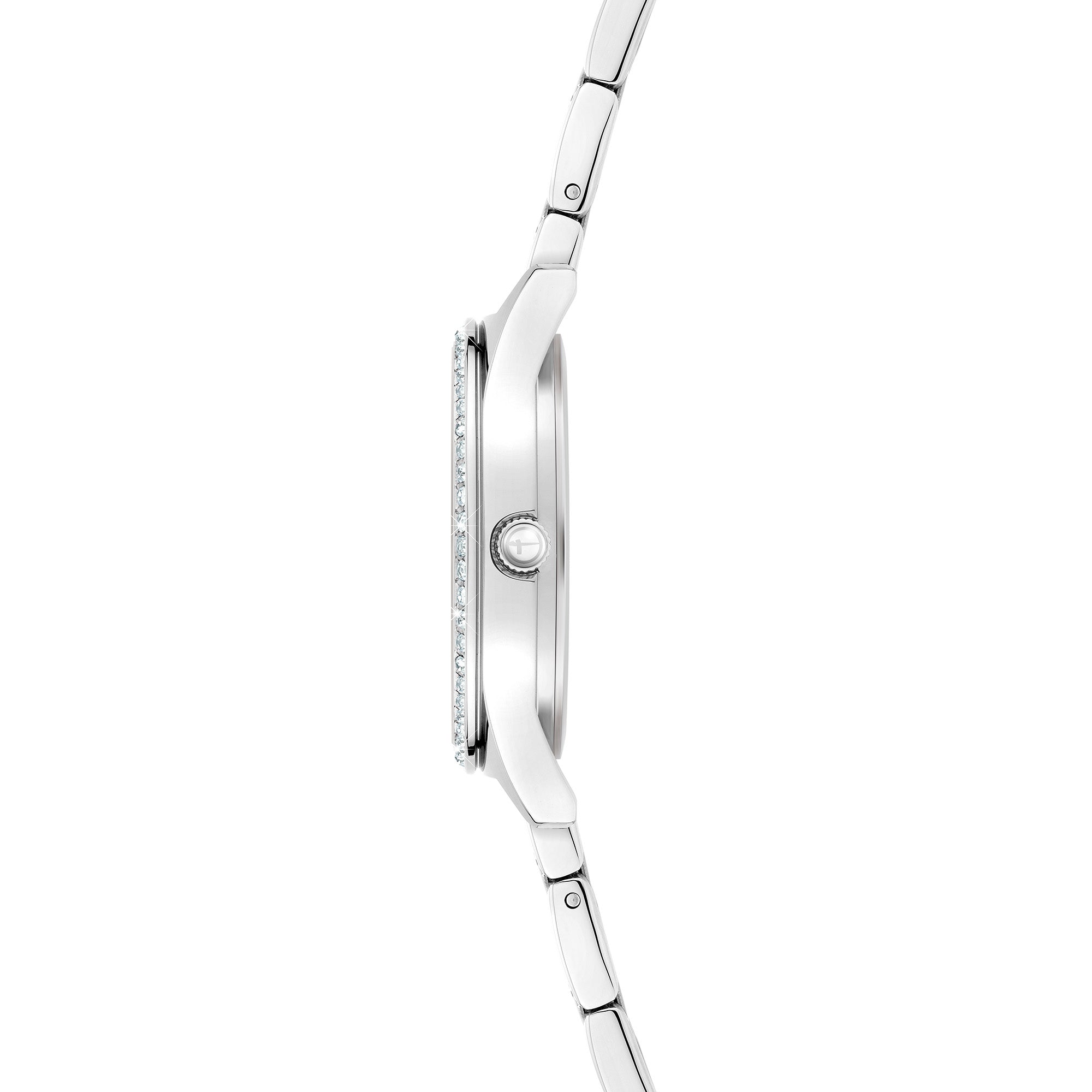 Seitenansicht der Tamaris Armbanduhr - Modern Classic, mit schlankem Design, silbernem Zifferblatt, dünnem Edelstahlarmband und runder Krone am Gehäuse.