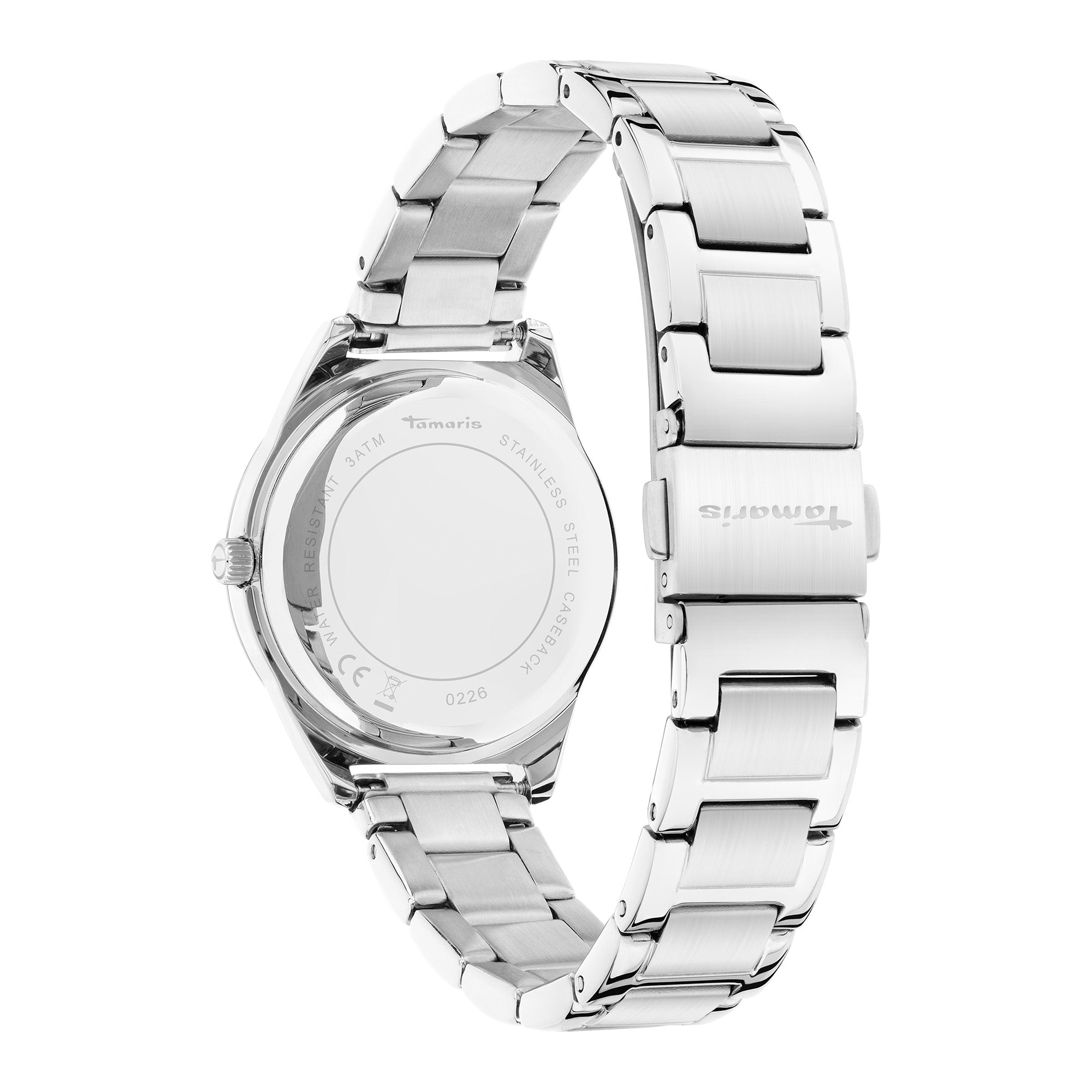 Silberne Edelstahlarmbanduhr von hinten gezeigt, wobei die Details der Schließe und des Gehäusebodens der eleganten Tamaris Armbanduhr - Modern Classic by Tamaris hervorgehoben werden.